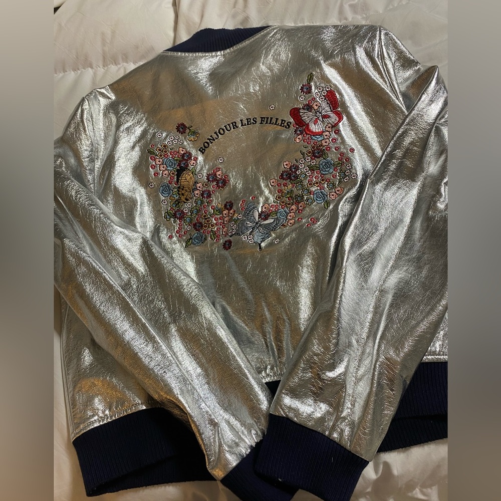 Pre-owned Zara large silver and blue faux leather bomber